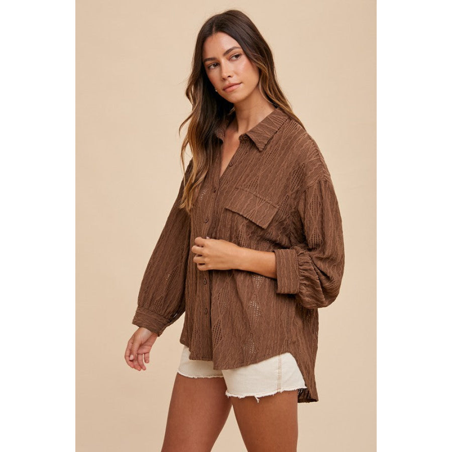 Annie Wear Openwork Button Down Drop Shoulder Shirt Apparel and Accessories