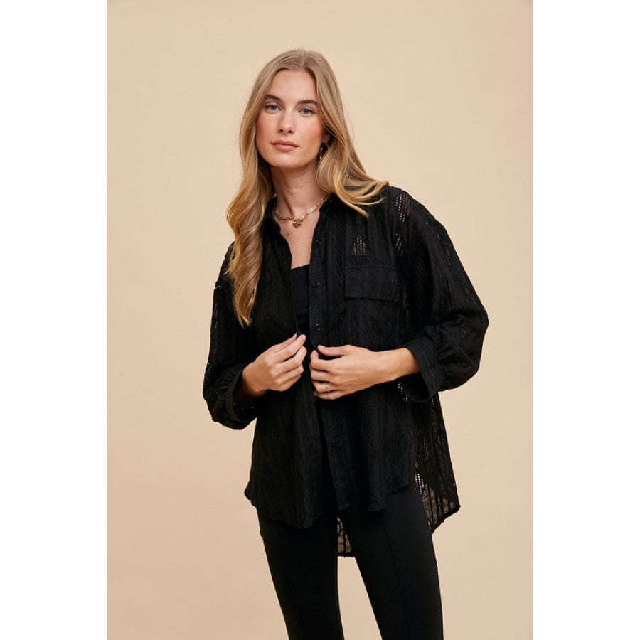 Annie Wear Openwork Button Down Drop Shoulder Shirt Black / S Apparel and Accessories