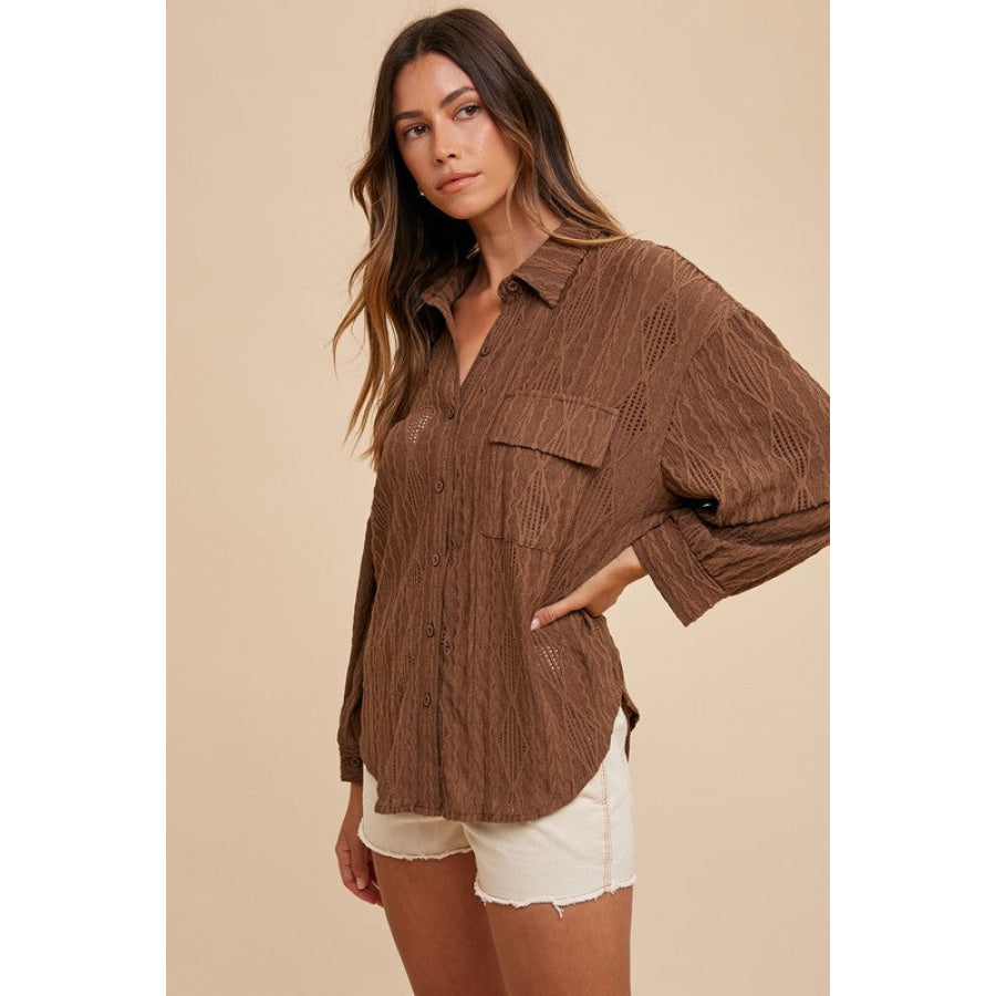 Annie Wear Openwork Button Down Drop Shoulder Shirt Brown / S Apparel and Accessories