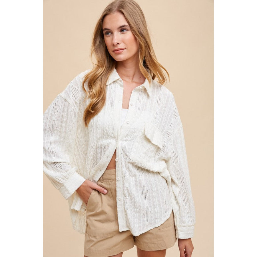 Annie Wear Openwork Button Down Drop Shoulder Shirt Ivory / S Apparel and Accessories