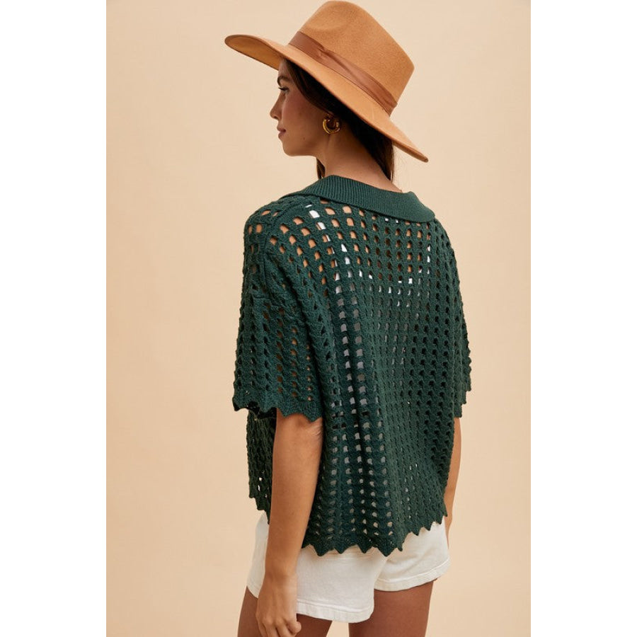 Annie Wear Openwork Johnny Collar Knit Cover Up Apparel and Accessories