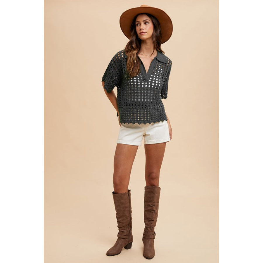 Annie Wear Openwork Johnny Collar Knit Cover Up Apparel and Accessories