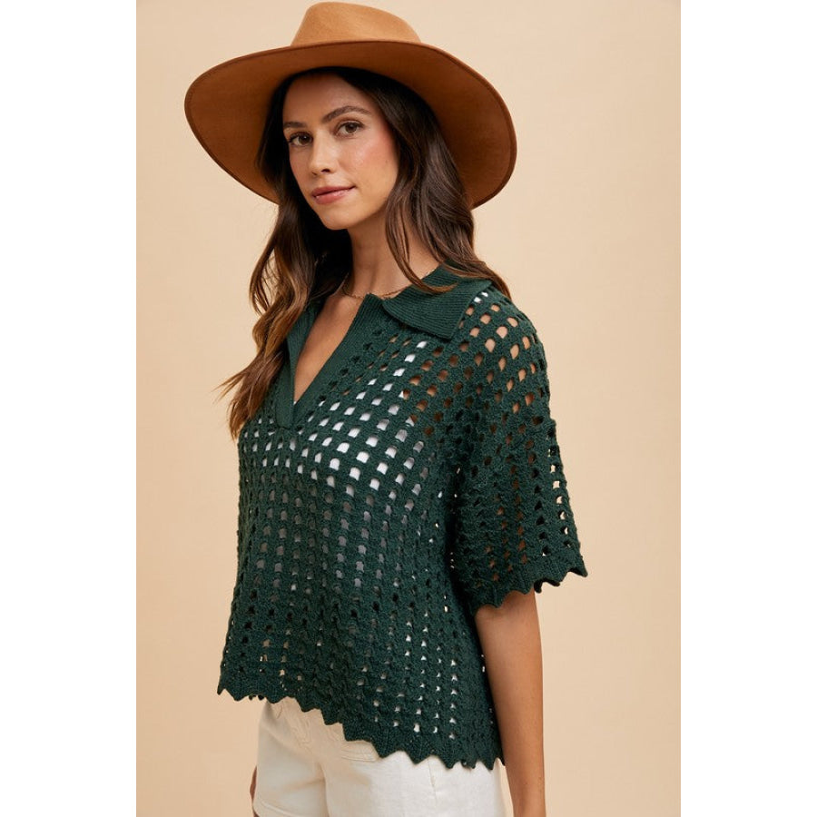 Annie Wear Openwork Johnny Collar Knit Cover Up Apparel and Accessories