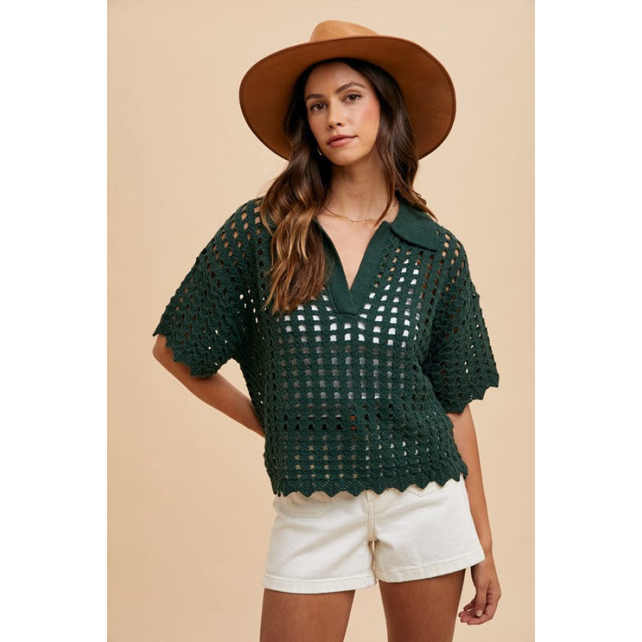 Annie Wear Openwork Johnny Collar Knit Cover Up Apparel and Accessories