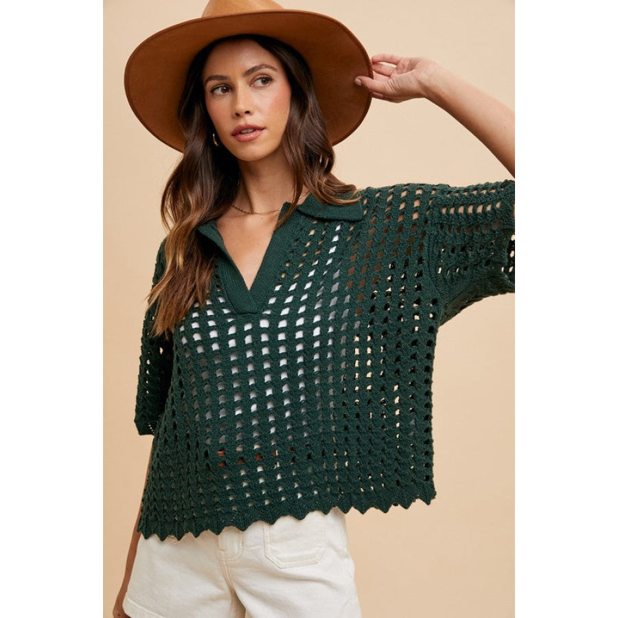 Annie Wear Openwork Johnny Collar Knit Cover Up Dark Green / S Apparel and Accessories