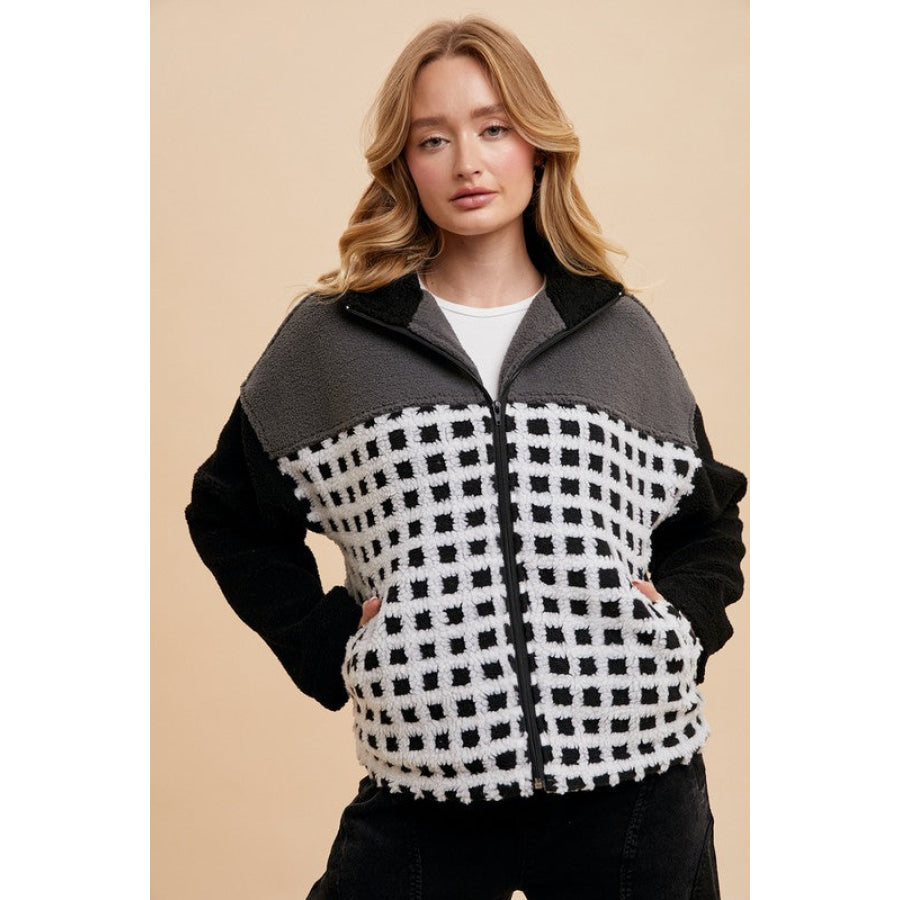 Annie Wear Plaid Zip Up Drop Shoulder Sherpa Jacket Apparel and Accessories