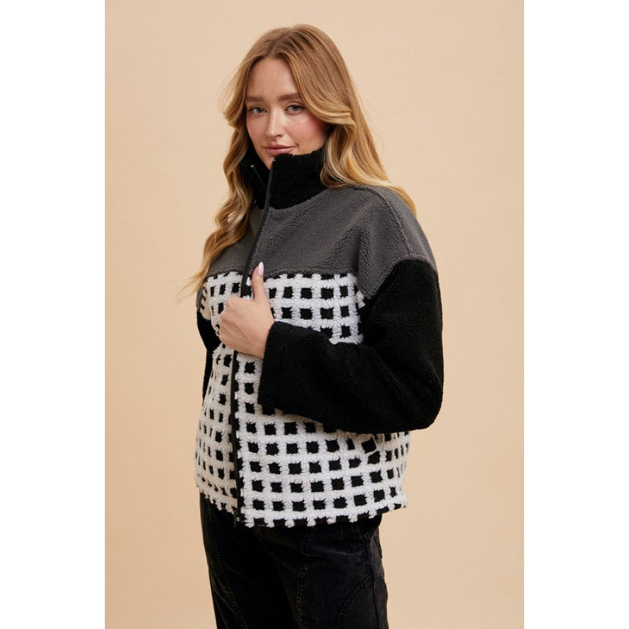 Annie Wear Plaid Zip Up Drop Shoulder Sherpa Jacket Apparel and Accessories