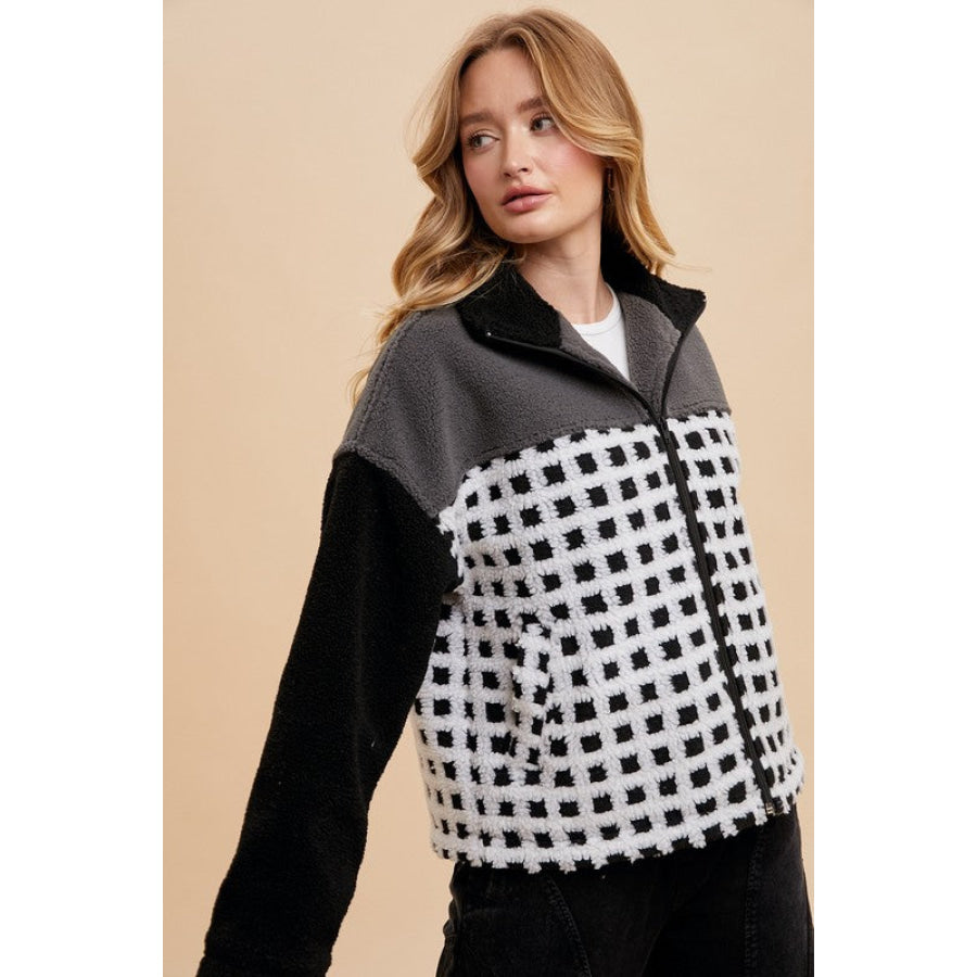 Annie Wear Plaid Zip Up Drop Shoulder Sherpa Jacket Apparel and Accessories