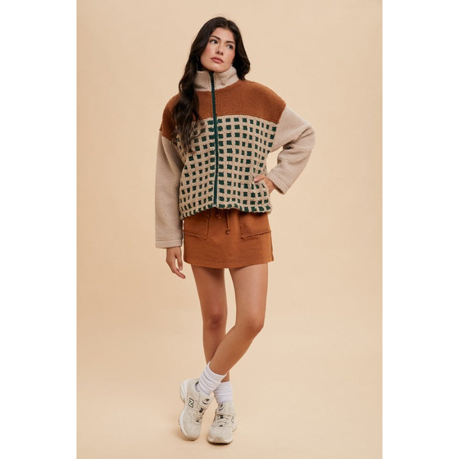 Annie Wear Plaid Zip Up Drop Shoulder Sherpa Jacket Apparel and Accessories