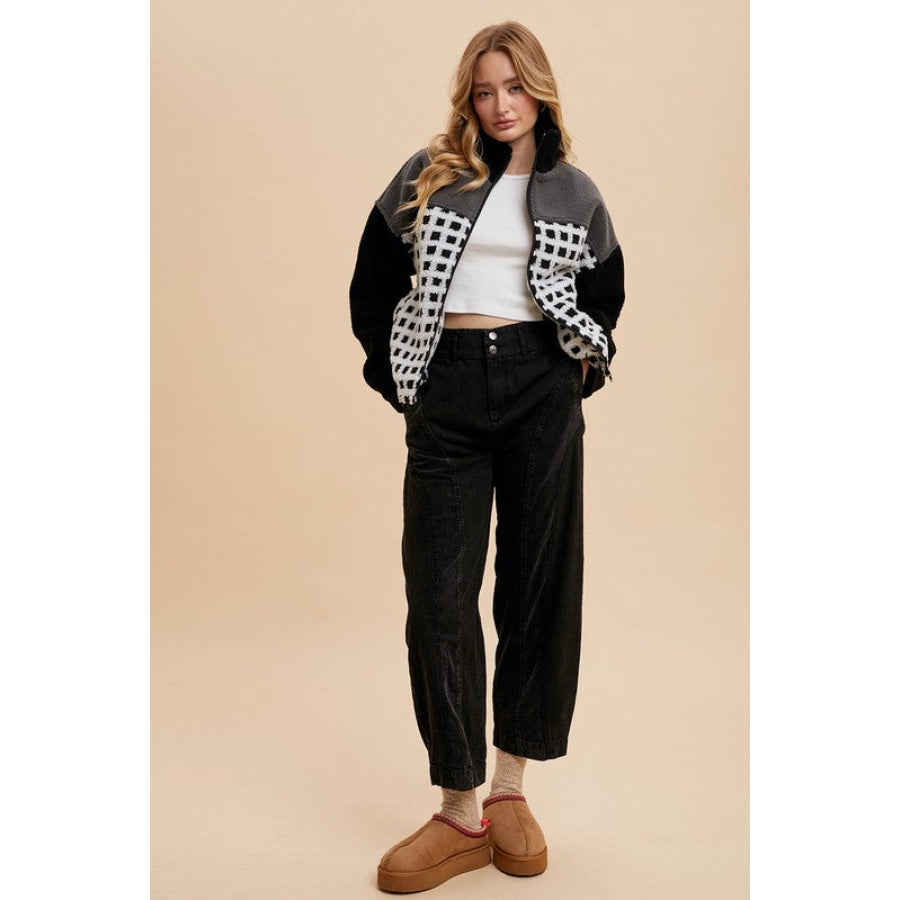 Annie Wear Plaid Zip Up Drop Shoulder Sherpa Jacket Apparel and Accessories