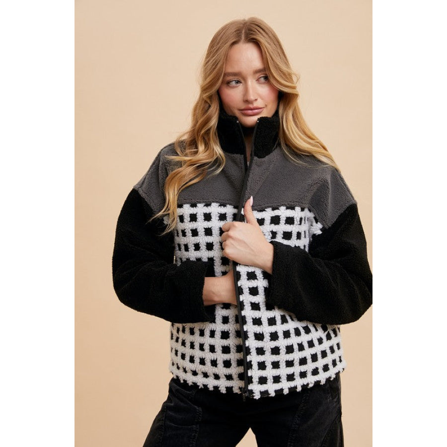 Annie Wear Plaid Zip Up Drop Shoulder Sherpa Jacket Ivory/Black / S Apparel and Accessories