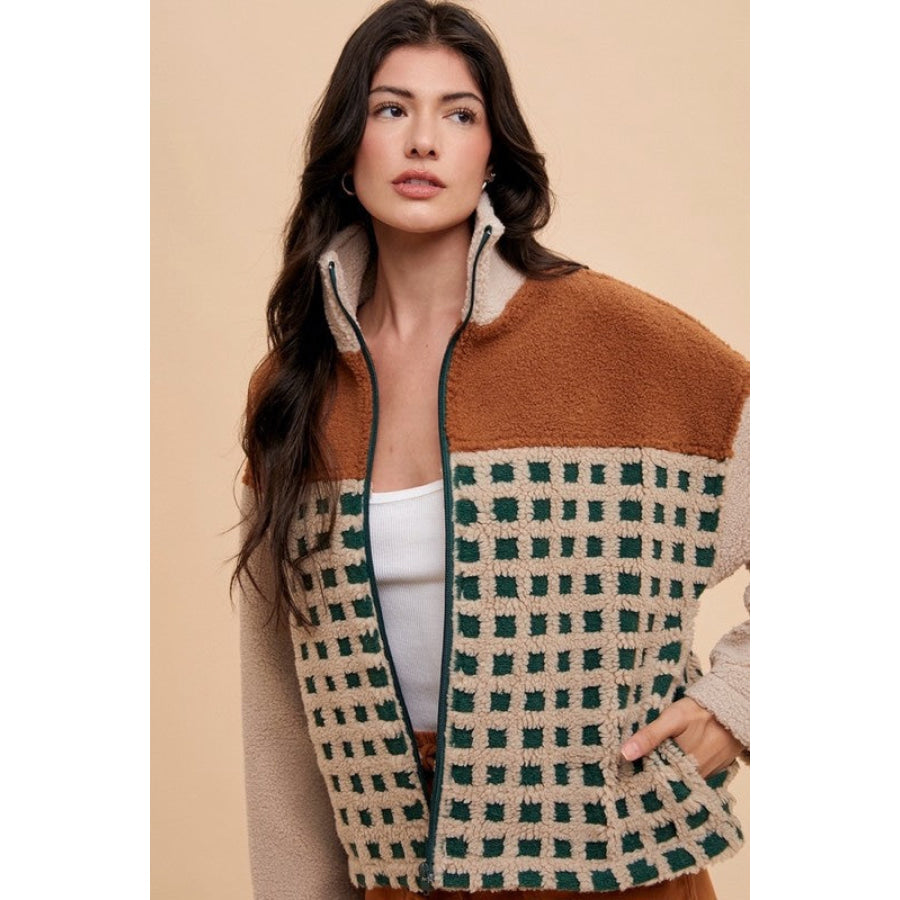 Annie Wear Plaid Zip Up Drop Shoulder Sherpa Jacket Oatmeal/Camel / S Apparel and Accessories