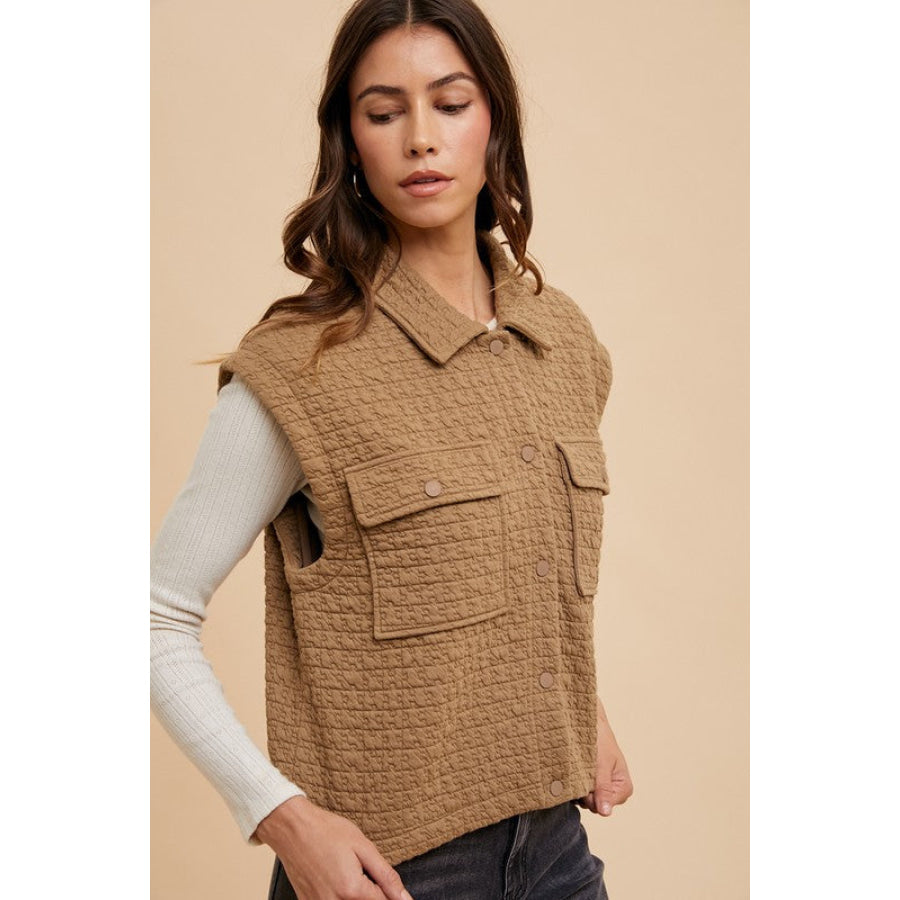 Annie Wear Puzzle Quilted Snap Down Vest Coat Caramel / S Apparel and Accessories