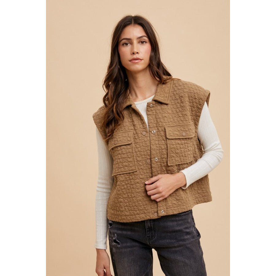 Annie Wear Puzzle Quilted Snap Down Vest Coat Caramel / S Apparel and Accessories