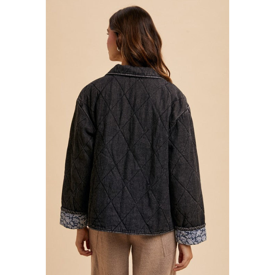 Annie Wear Quilted Printed Lining Snap Down Denim Jacket Apparel and Accessories