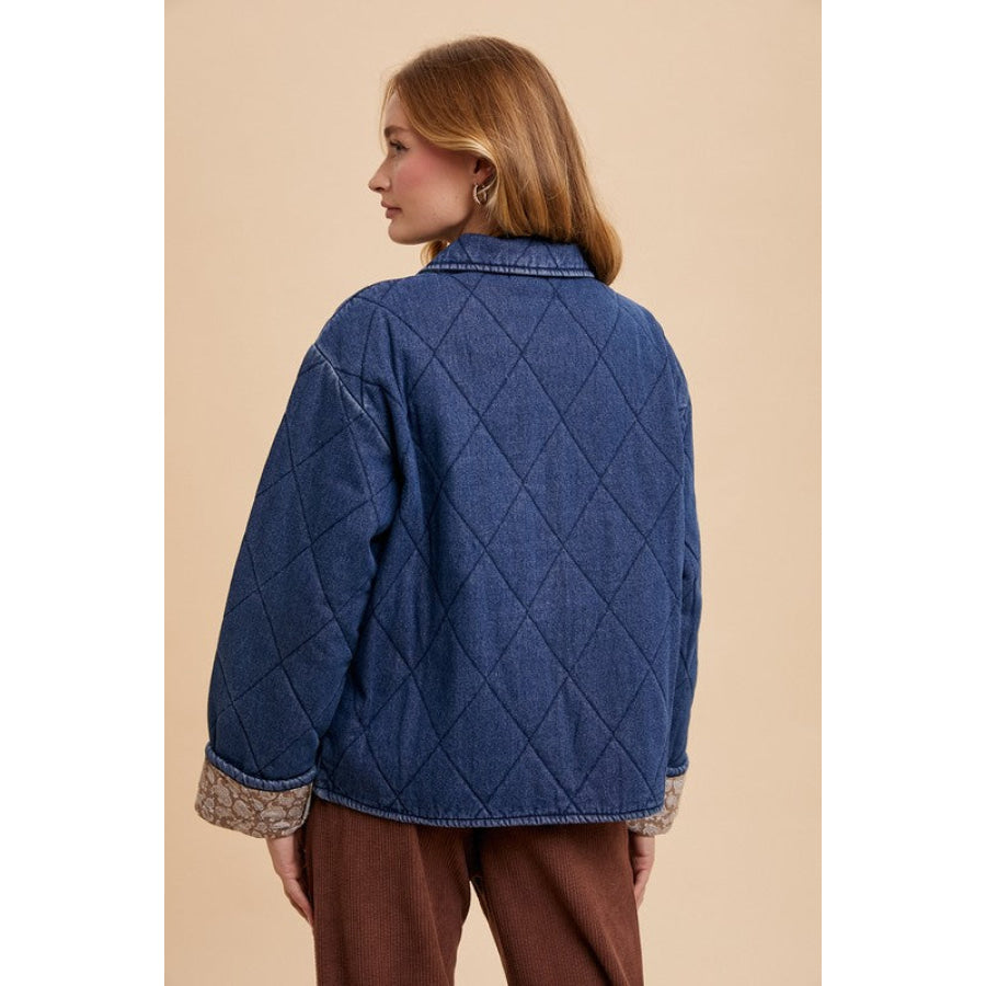 Annie Wear Quilted Printed Lining Snap Down Denim Jacket Apparel and Accessories