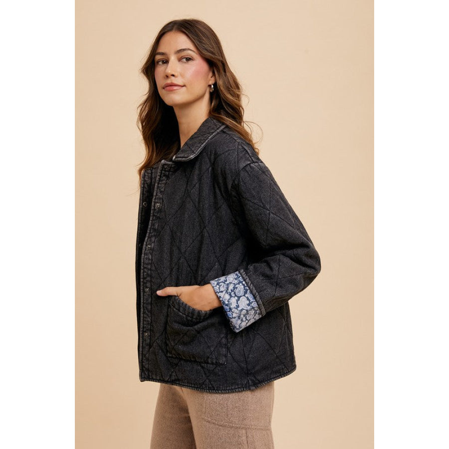 Annie Wear Quilted Printed Lining Snap Down Denim Jacket Apparel and Accessories