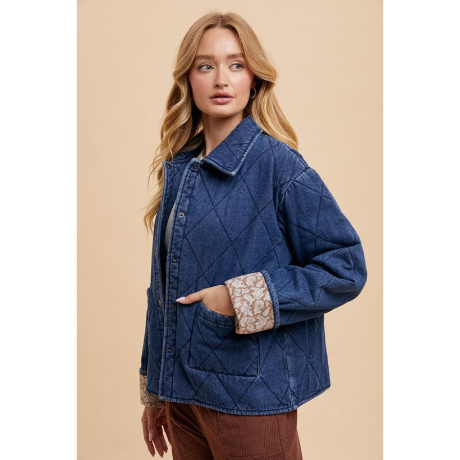 Annie Wear Quilted Printed Lining Snap Down Denim Jacket Apparel and Accessories