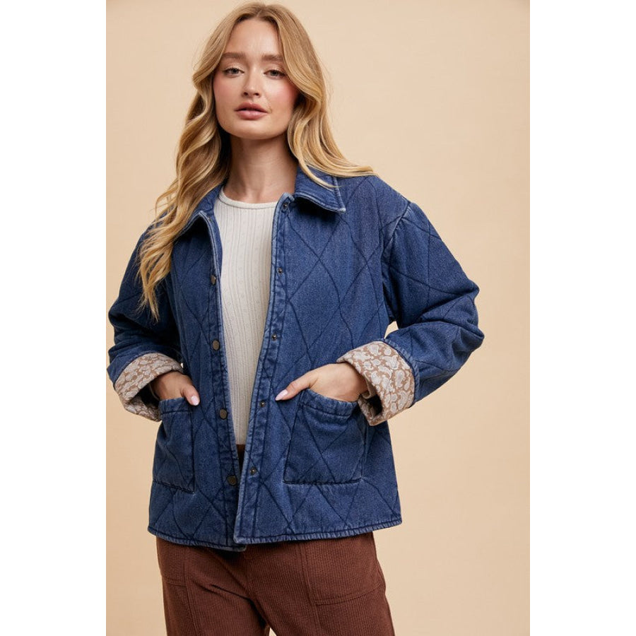 Annie Wear Quilted Printed Lining Snap Down Denim Jacket Apparel and Accessories