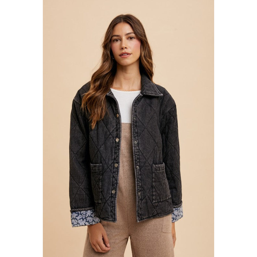 Annie Wear Quilted Printed Lining Snap Down Denim Jacket Apparel and Accessories