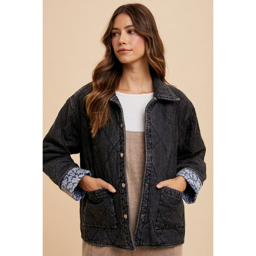 Annie Wear Quilted Printed Lining Snap Down Denim Jacket Black / S Apparel and Accessories