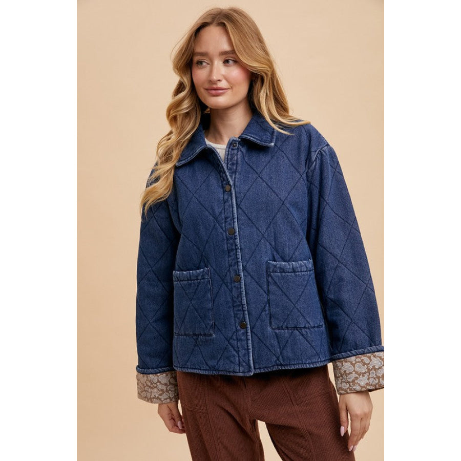 Annie Wear Quilted Printed Lining Snap Down Denim Jacket Dark Blue / S Apparel and Accessories