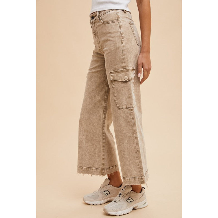 Annie Wear Raw Hem Wide Leg Jeans with Cargo Pockets Apparel and Accessories