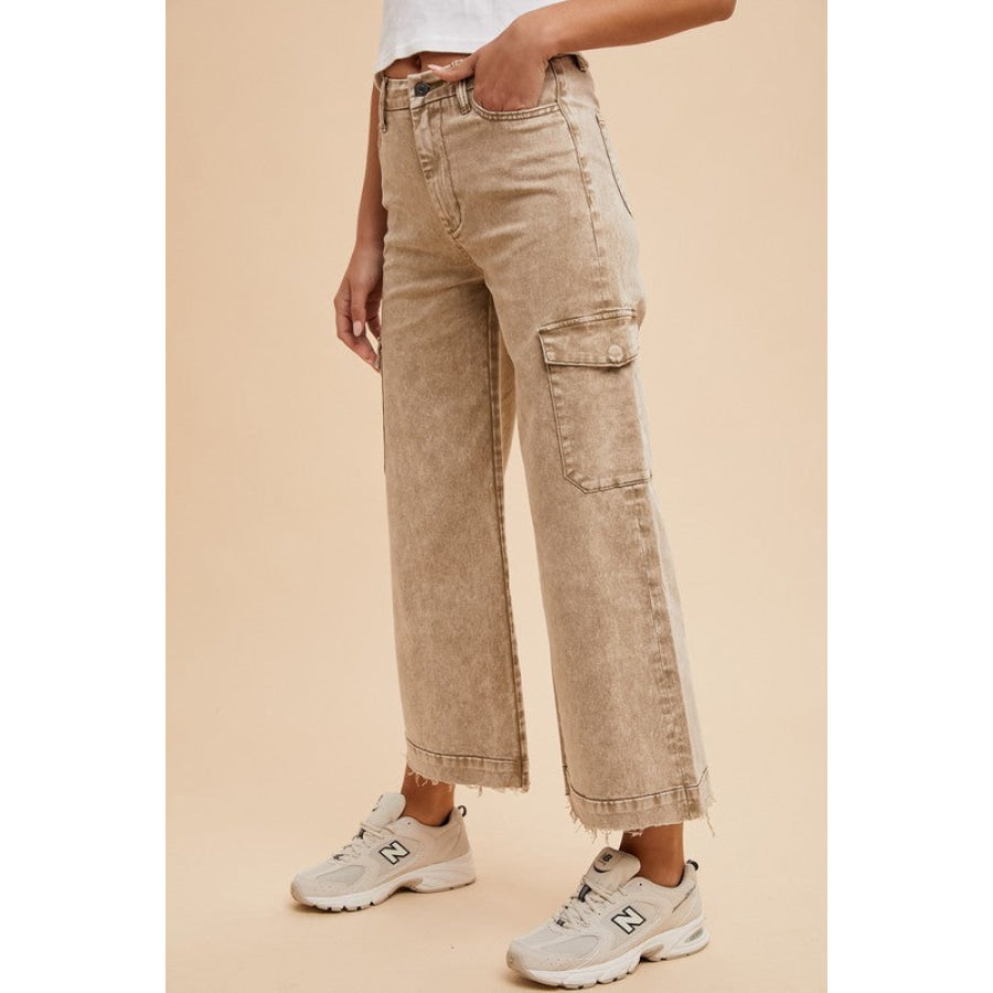 Annie Wear Raw Hem Wide Leg Jeans with Cargo Pockets Apparel and Accessories