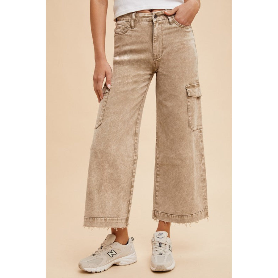 Annie Wear Raw Hem Wide Leg Jeans with Cargo Pockets Apparel and Accessories