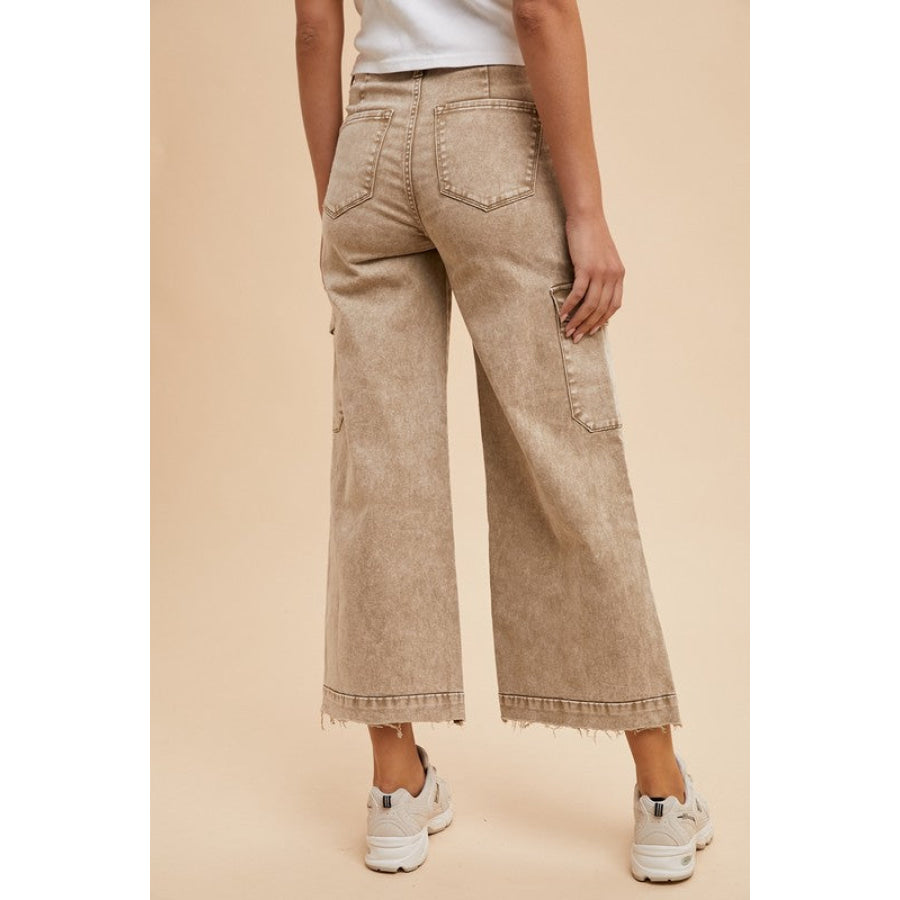 Annie Wear Raw Hem Wide Leg Jeans with Cargo Pockets Apparel and Accessories