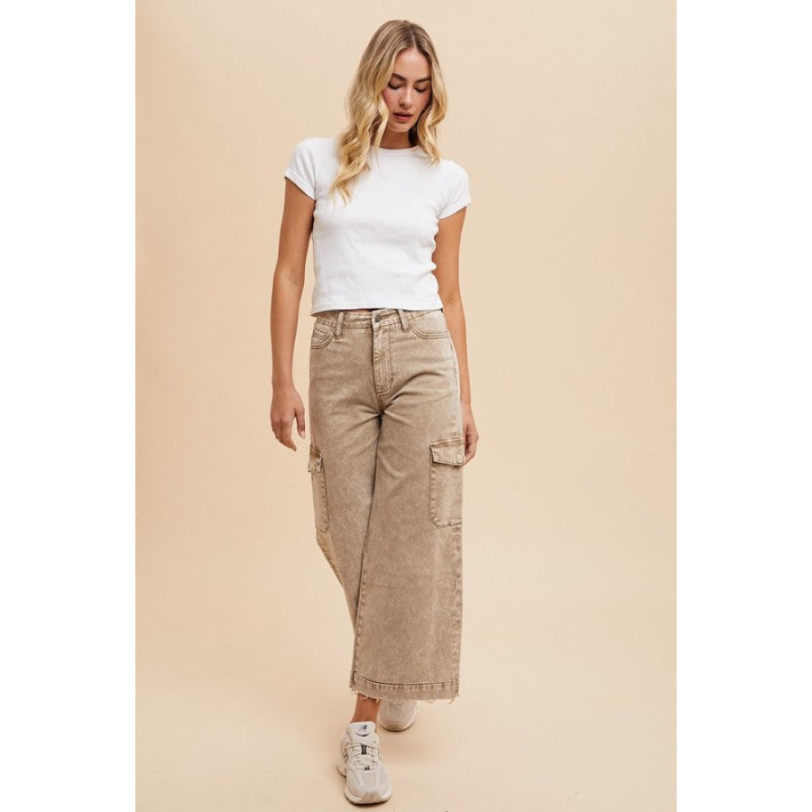 Annie Wear Raw Hem Wide Leg Jeans with Cargo Pockets Apparel and Accessories