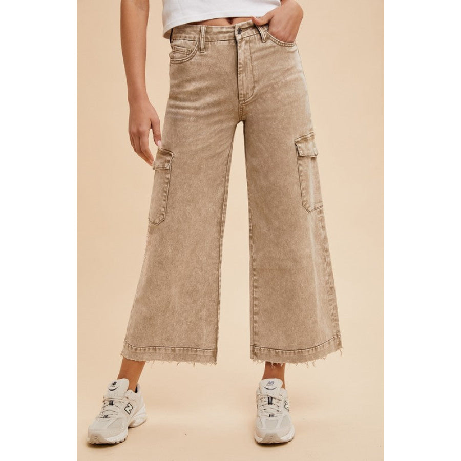 Annie Wear Raw Hem Wide Leg Jeans with Cargo Pockets Camel / S Apparel and Accessories