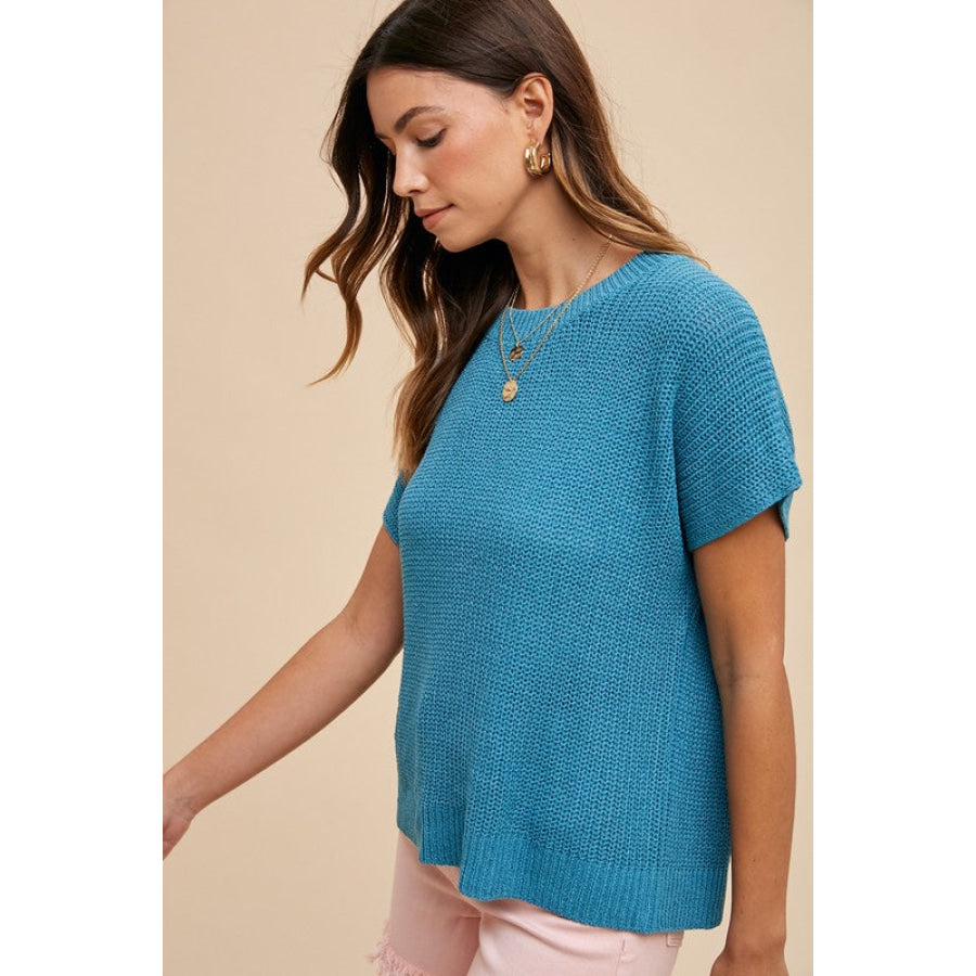 Annie Wear Round Neck Short Sleeve Sweater Apparel and Accessories