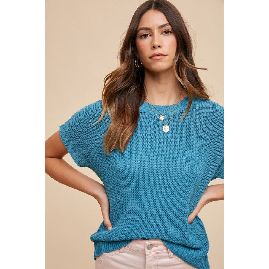 Annie Wear Round Neck Short Sleeve Sweater Apparel and Accessories