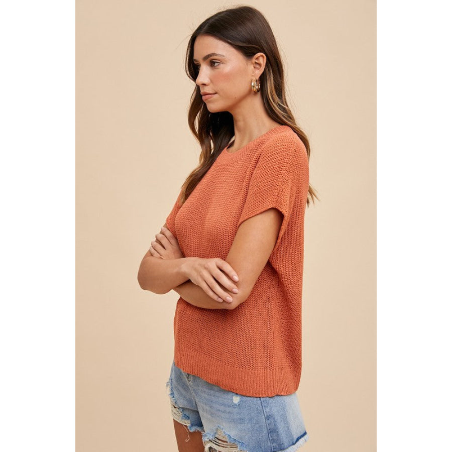 Annie Wear Round Neck Short Sleeve Sweater Apparel and Accessories