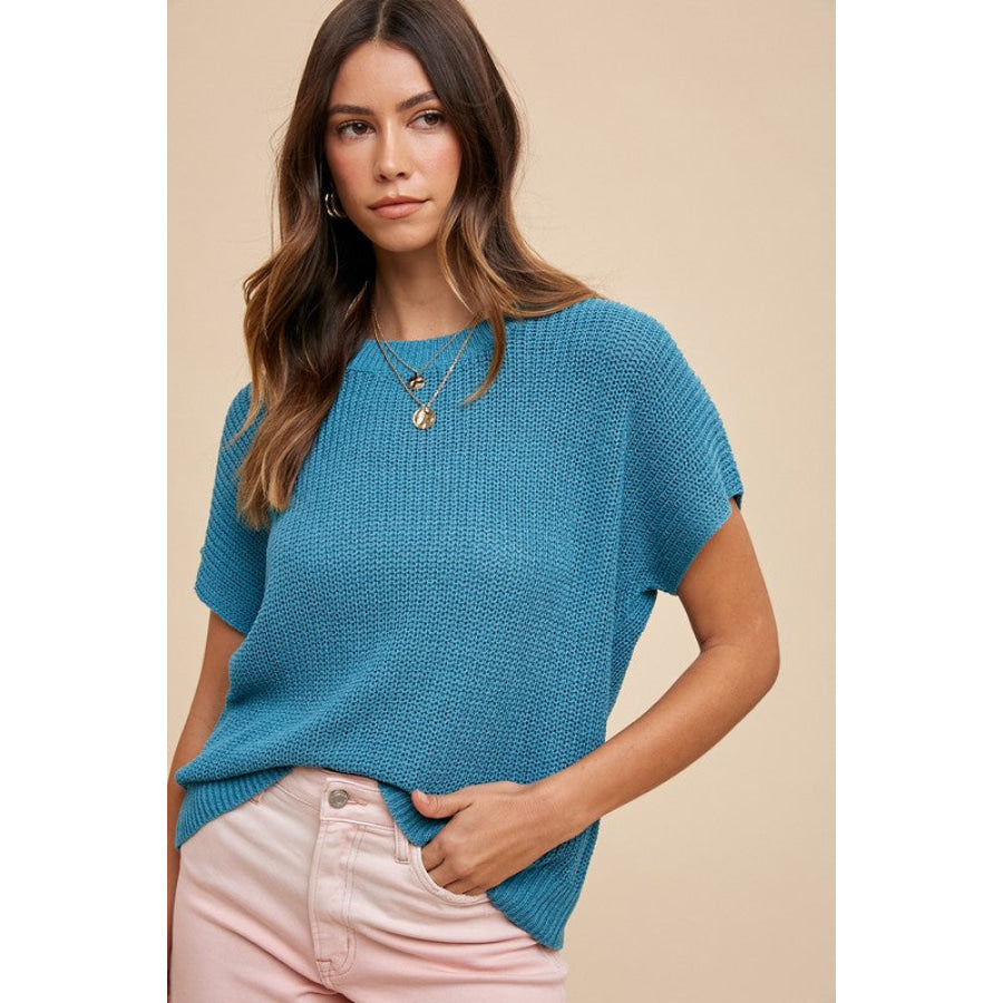 Annie Wear Round Neck Short Sleeve Sweater Apparel and Accessories