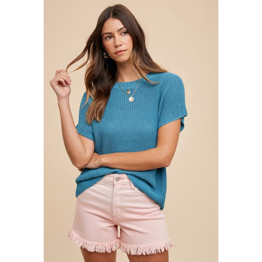 Annie Wear Round Neck Short Sleeve Sweater Cerulean / S Apparel and Accessories