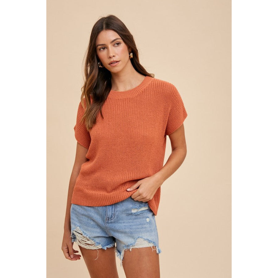 Annie Wear Round Neck Short Sleeve Sweater Terracotta / S Apparel and Accessories