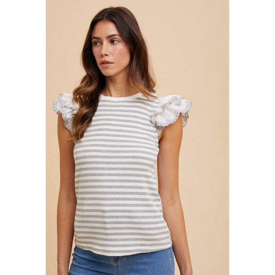 Annie Wear Ruffled Striped Round Neck Cap Sleeve Knit Top Apparel and Accessories