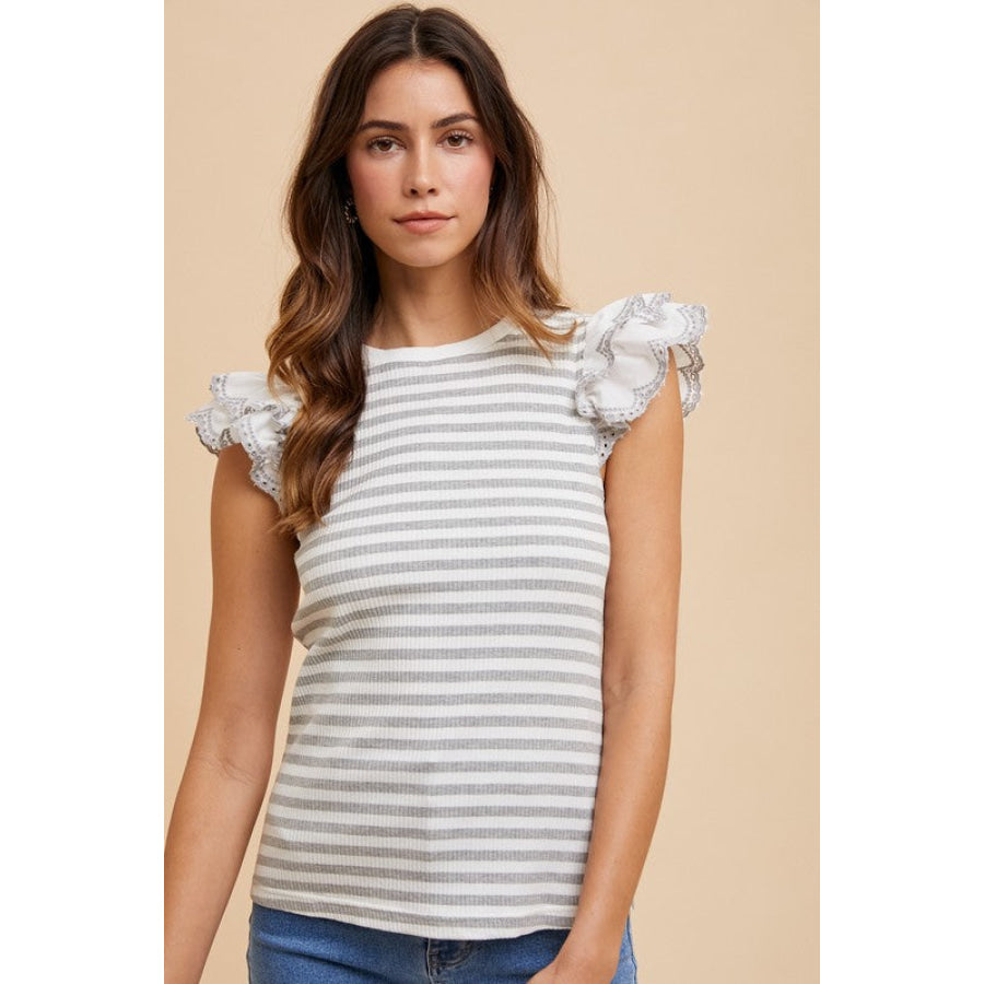 Annie Wear Ruffled Striped Round Neck Cap Sleeve Knit Top Apparel and Accessories