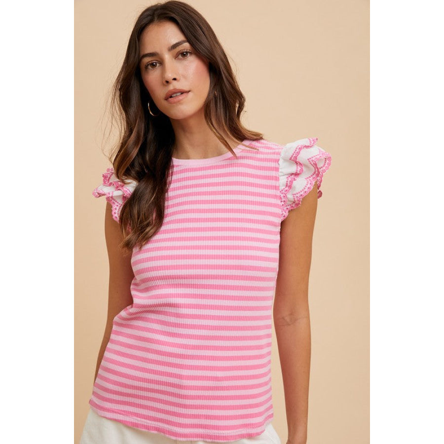 Annie Wear Ruffled Striped Round Neck Cap Sleeve Knit Top Apparel and Accessories