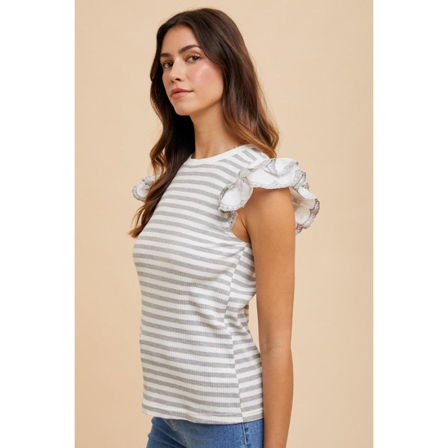 Annie Wear Ruffled Striped Round Neck Cap Sleeve Knit Top Apparel and Accessories