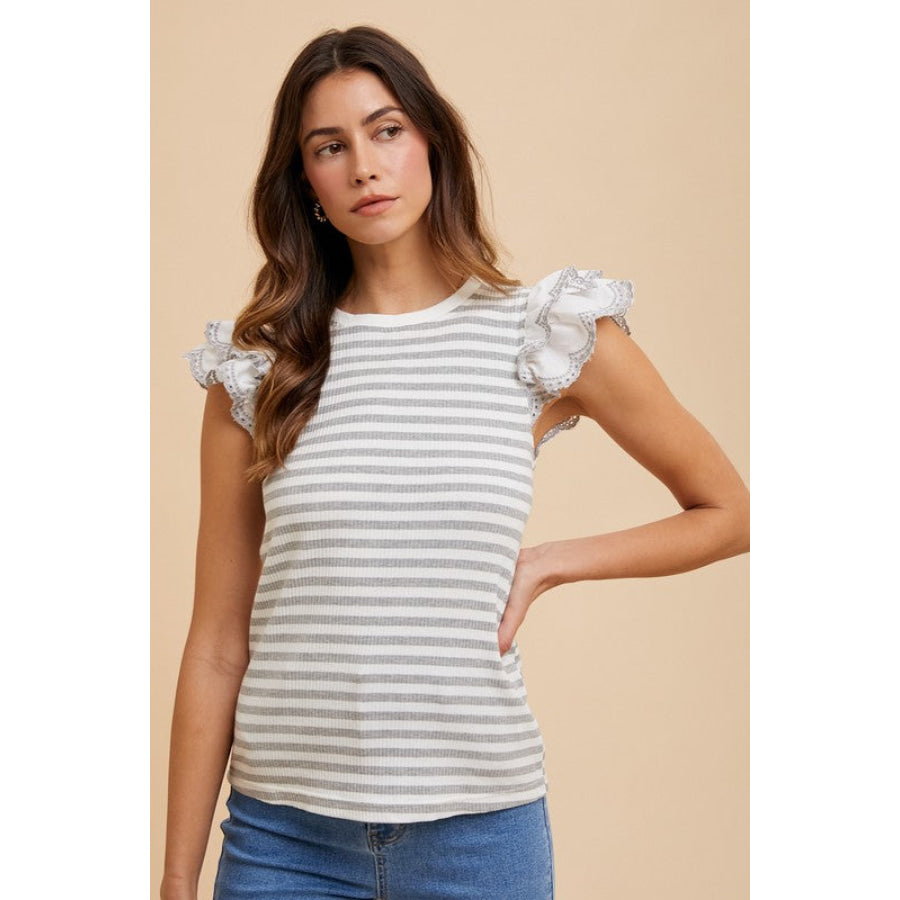 Annie Wear Ruffled Striped Round Neck Cap Sleeve Knit Top Light Gray / S Apparel and Accessories