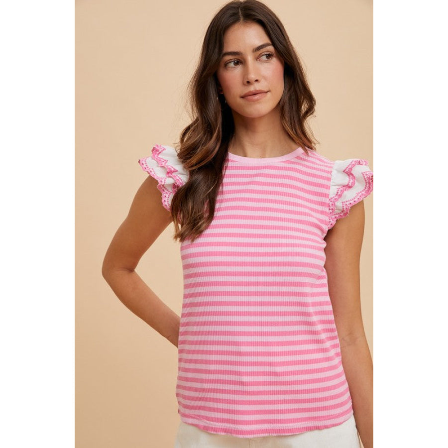 Annie Wear Ruffled Striped Round Neck Cap Sleeve Knit Top Pink / S Apparel and Accessories