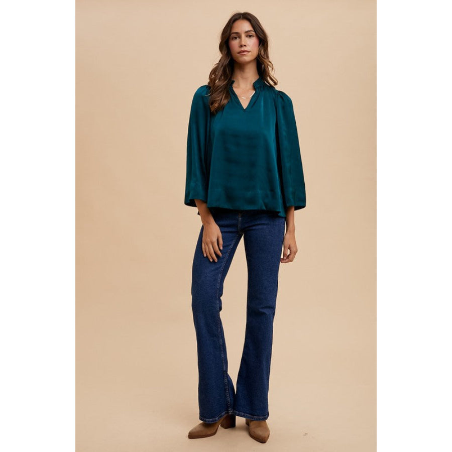 Annie Wear Satin Notched Three-Quarter Sleeve Blouse Apparel and Accessories