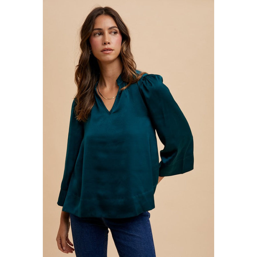 Annie Wear Satin Notched Three-Quarter Sleeve Blouse Apparel and Accessories