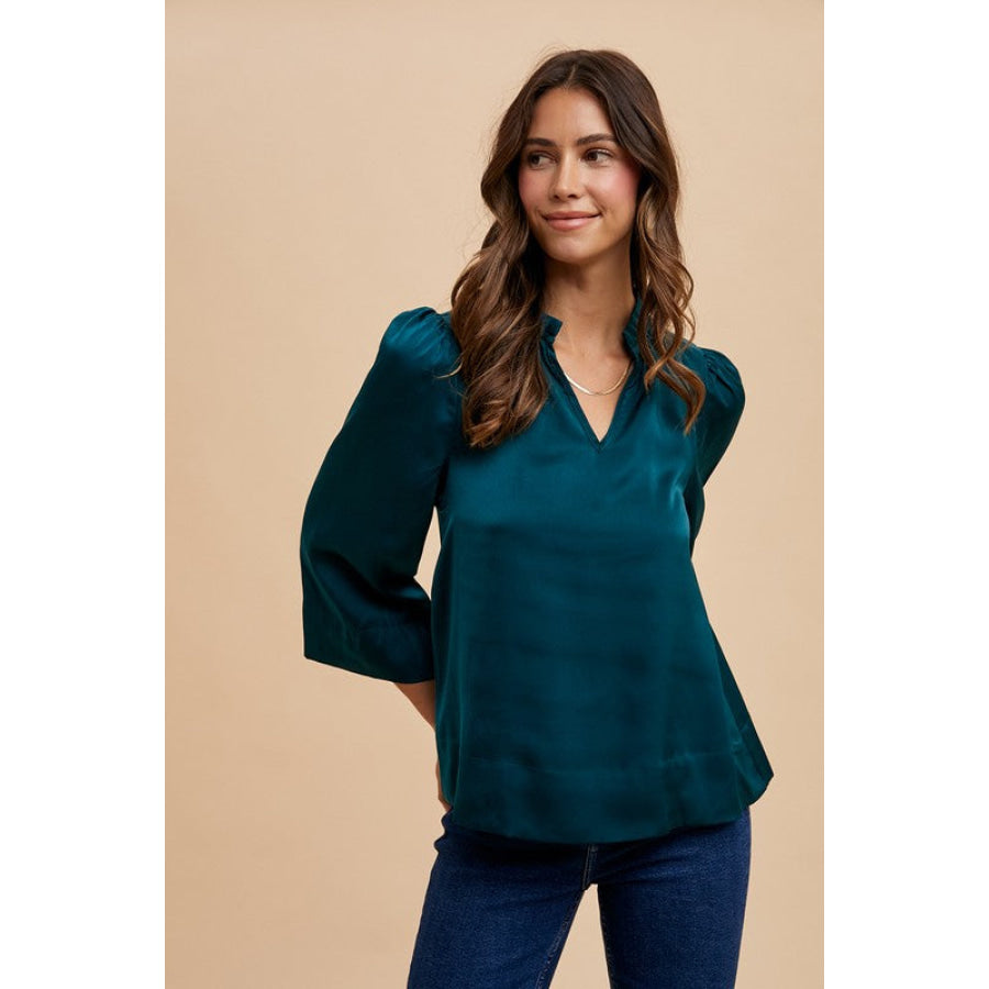 Annie Wear Satin Notched Three-Quarter Sleeve Blouse Apparel and Accessories