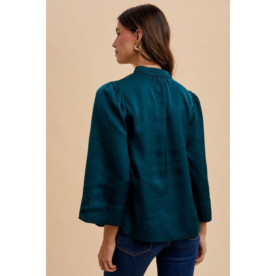 Annie Wear Satin Notched Three-Quarter Sleeve Blouse Apparel and Accessories