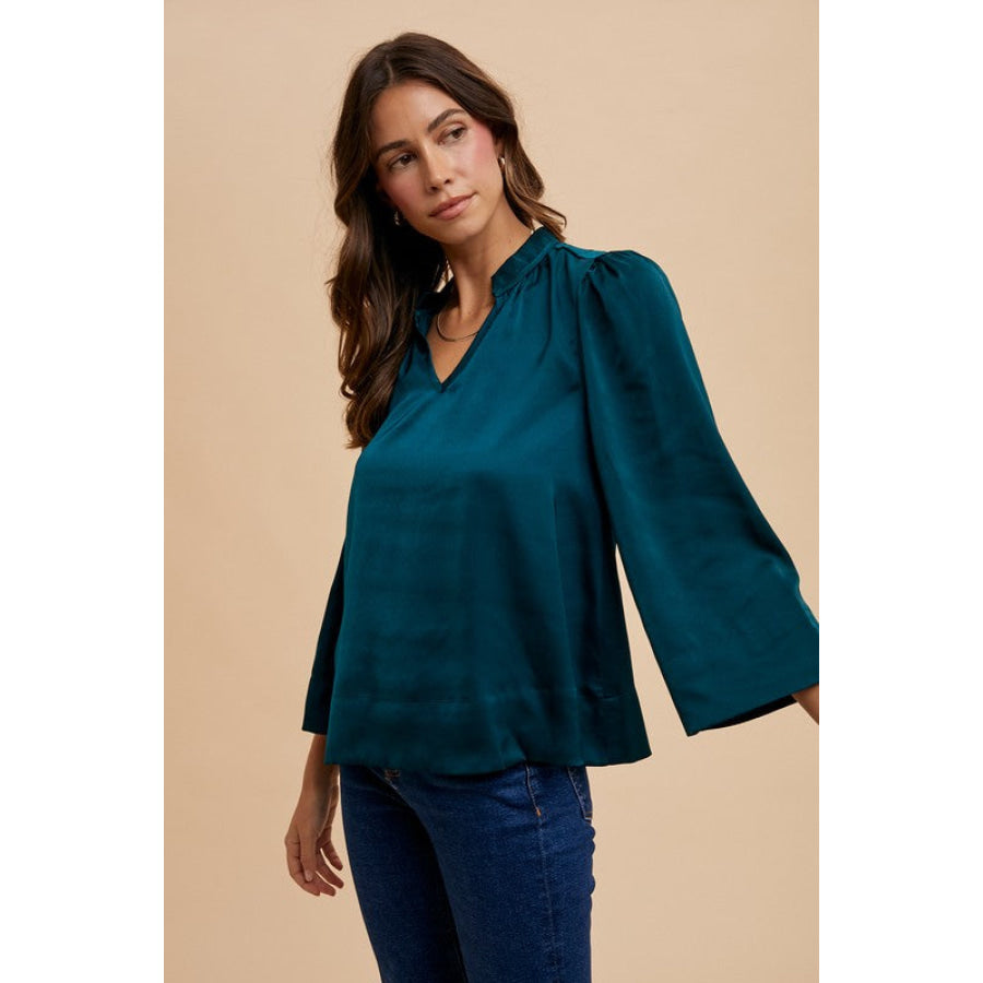 Annie Wear Satin Notched Three-Quarter Sleeve Blouse Deep Teal / S Apparel and Accessories