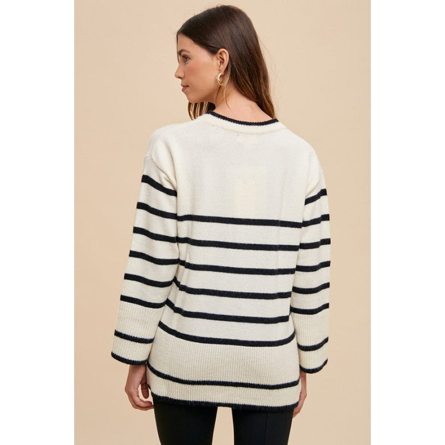 Annie Wear Side Slit Striped Round Neck Sweater Ivory / S Apparel and Accessories